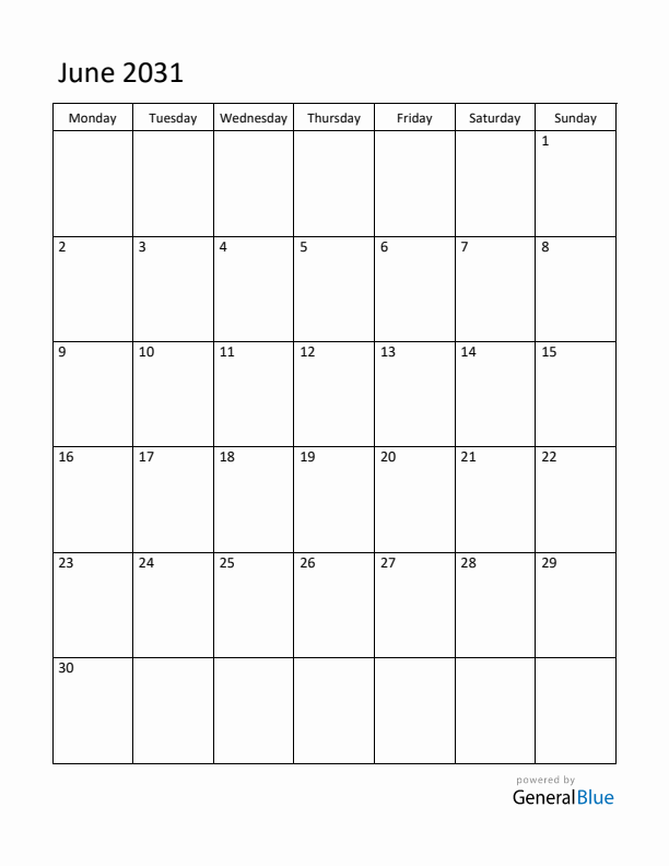 Monday Start Calendar for June 2031