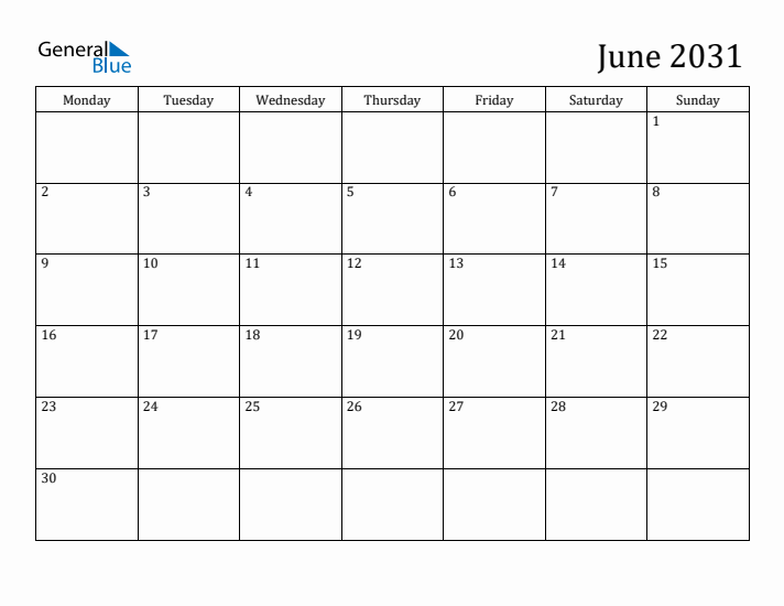 June 2031 Calendar