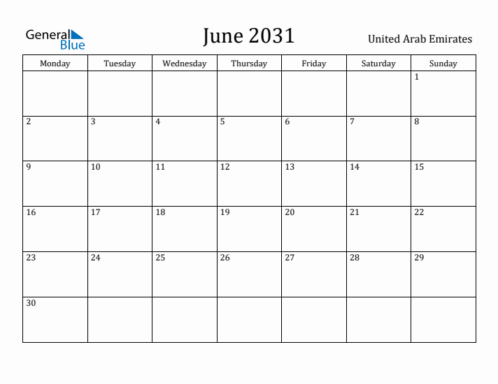 June 2031 Calendar United Arab Emirates