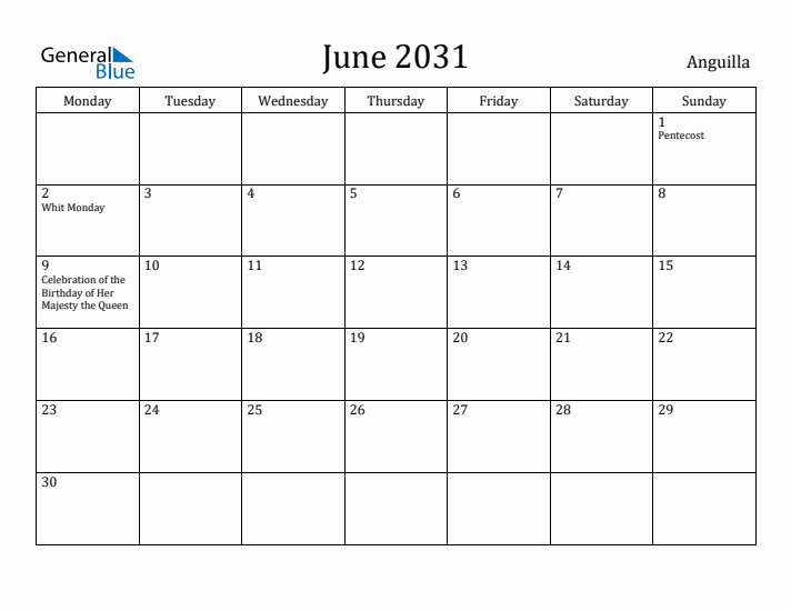 June 2031 Calendar Anguilla