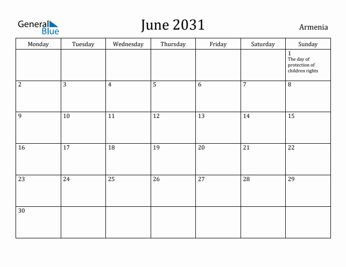 June 2031 Calendar Armenia