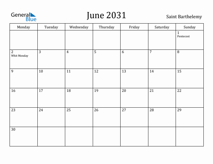 June 2031 Calendar Saint Barthelemy