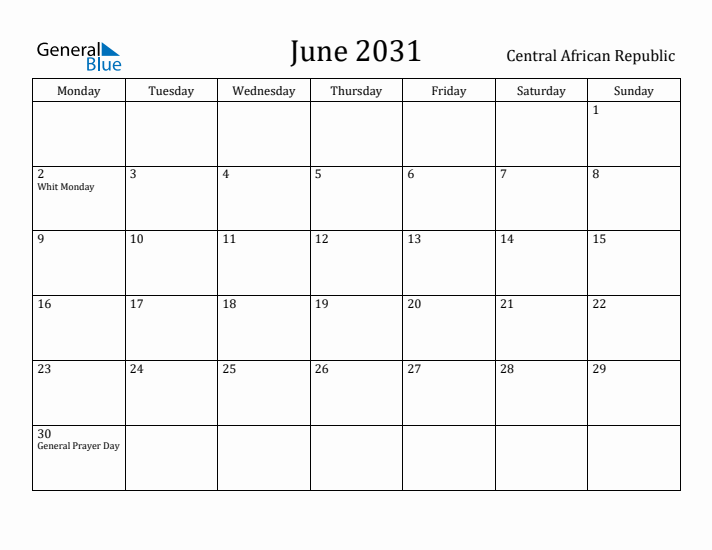 June 2031 Calendar Central African Republic