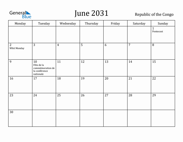 June 2031 Calendar Republic of the Congo