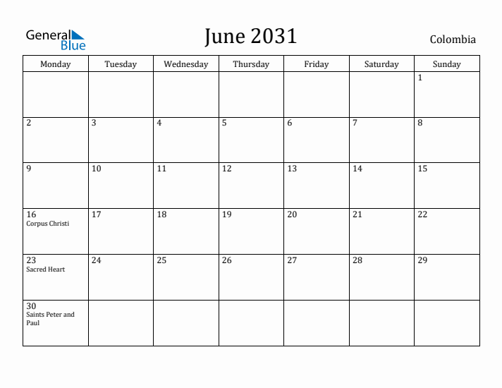 June 2031 Calendar Colombia