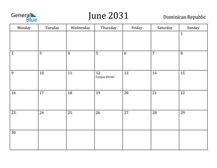 June 2031 Calendar Dominican Republic