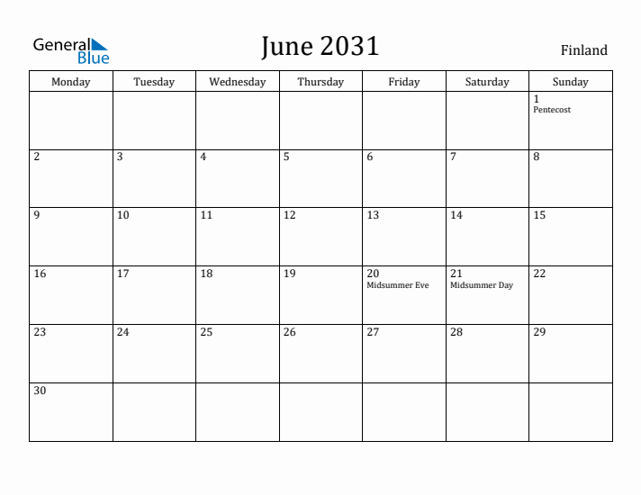 June 2031 Calendar Finland