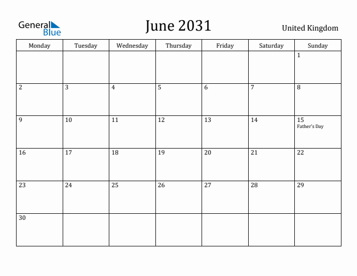 June 2031 Calendar United Kingdom