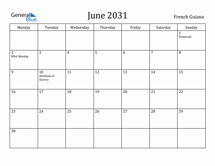 June 2031 Calendar French Guiana