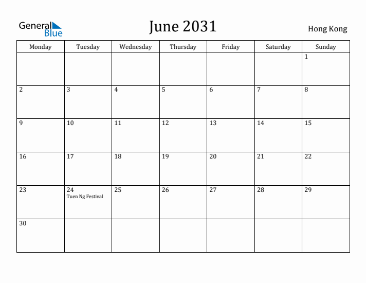 June 2031 Calendar Hong Kong