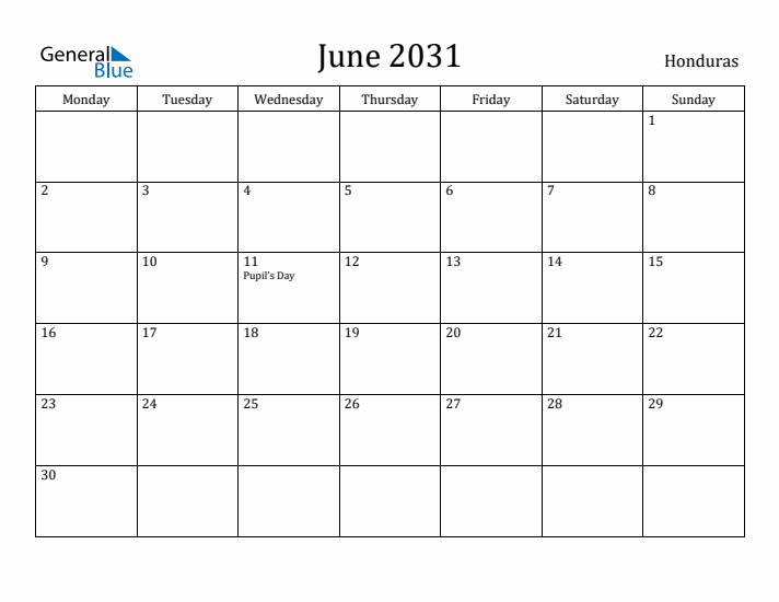 June 2031 Calendar Honduras