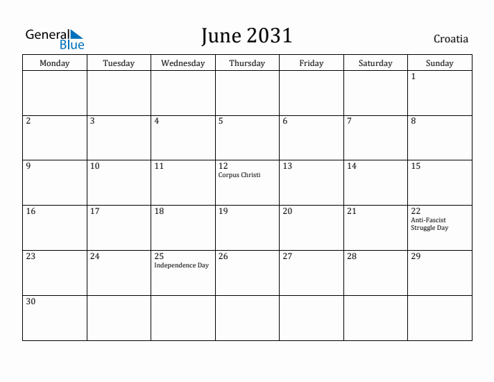 June 2031 Calendar Croatia