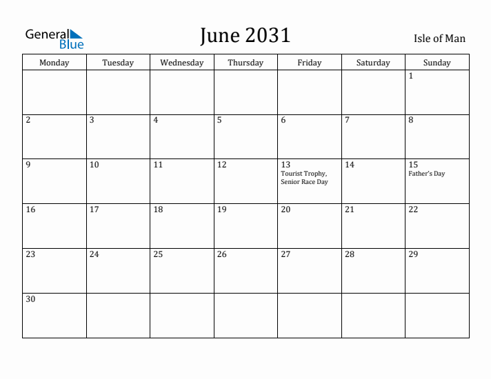 June 2031 Calendar Isle of Man