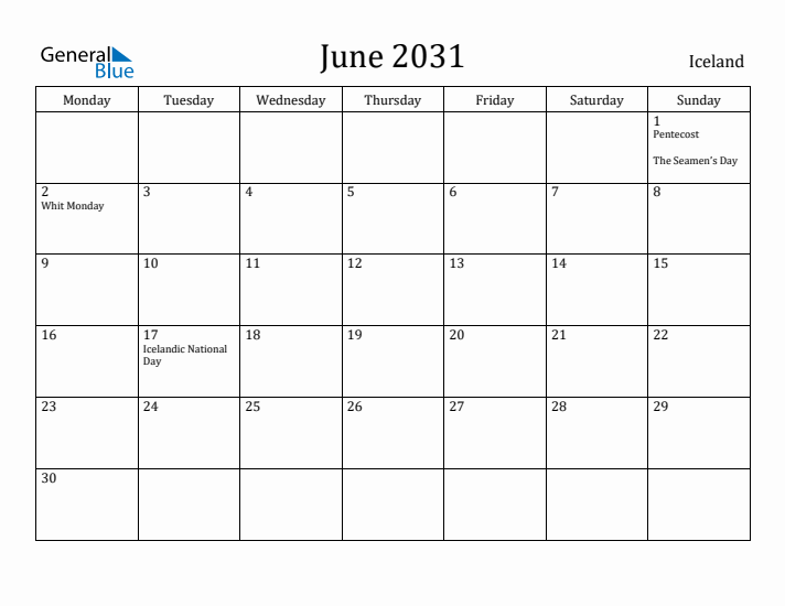 June 2031 Calendar Iceland