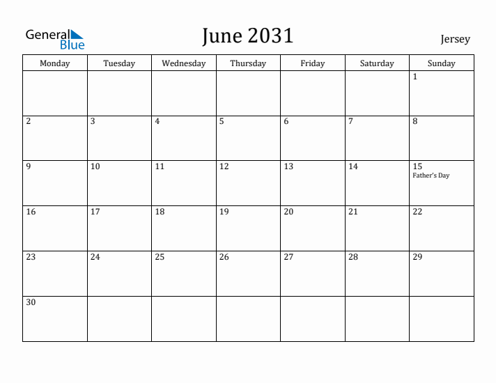 June 2031 Calendar Jersey