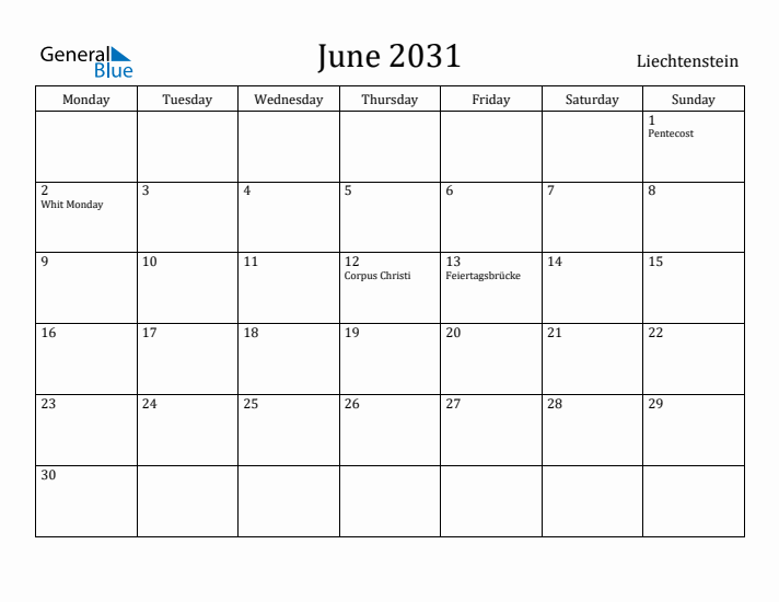 June 2031 Calendar Liechtenstein