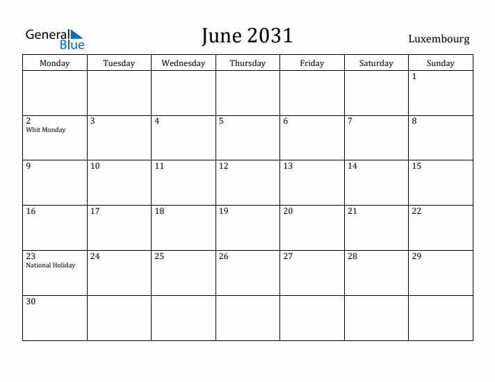 June 2031 Calendar Luxembourg