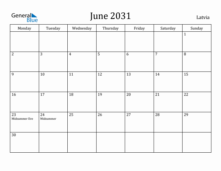 June 2031 Calendar Latvia