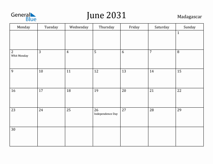 June 2031 Calendar Madagascar