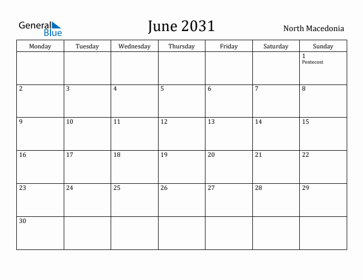 June 2031 Calendar North Macedonia