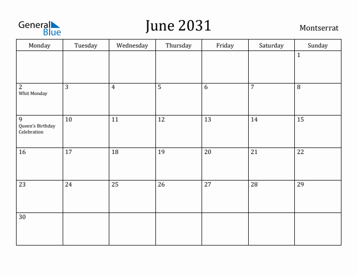 June 2031 Calendar Montserrat
