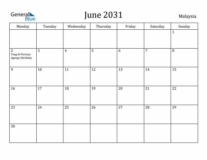 June 2031 Calendar Malaysia