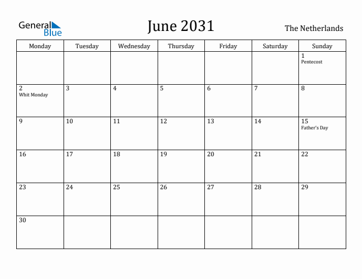 June 2031 Calendar The Netherlands