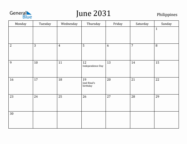 June 2031 Calendar Philippines