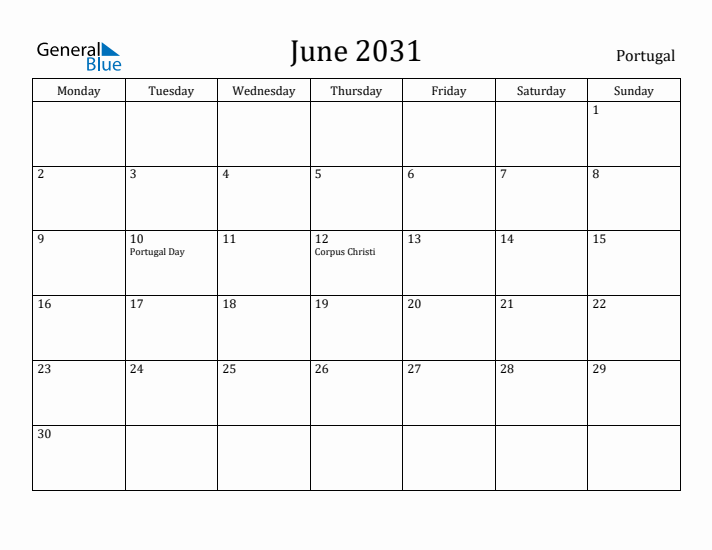 June 2031 Calendar Portugal