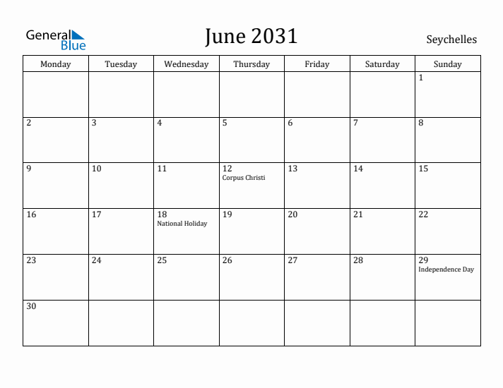 June 2031 Calendar Seychelles