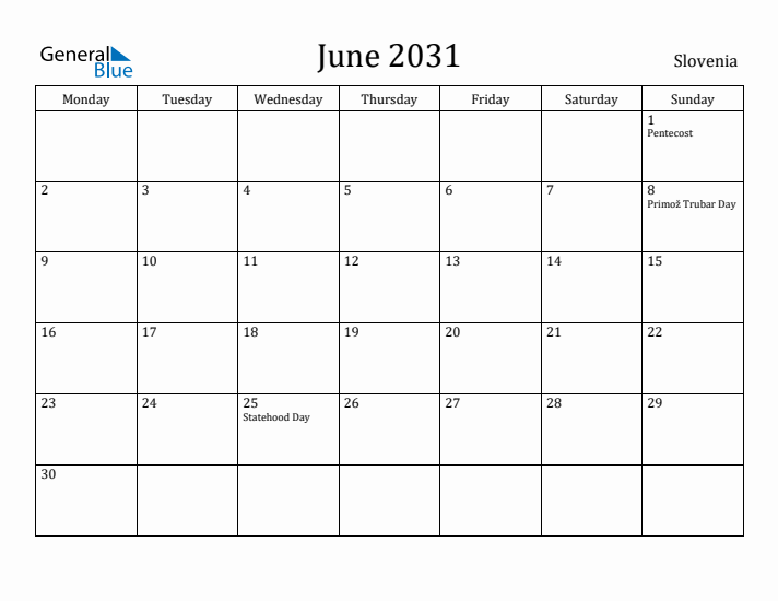 June 2031 Calendar Slovenia