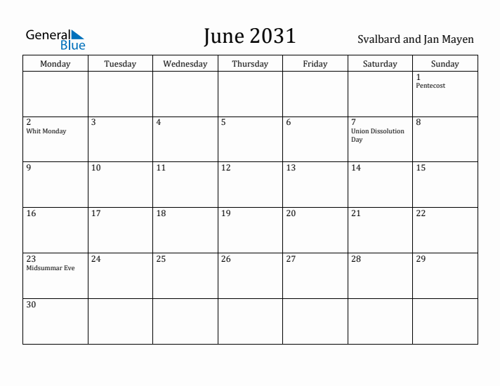 June 2031 Calendar Svalbard and Jan Mayen