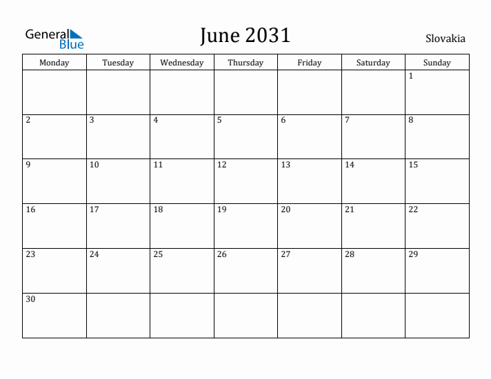 June 2031 Calendar Slovakia