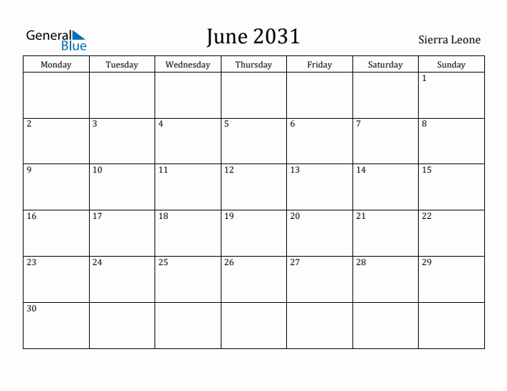 June 2031 Calendar Sierra Leone