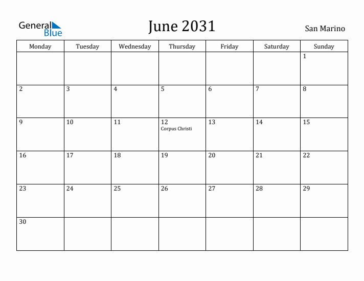 June 2031 Calendar San Marino