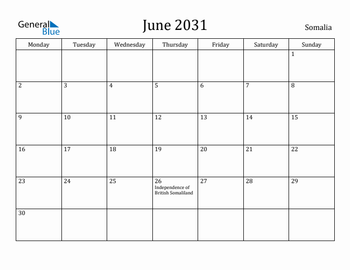 June 2031 Calendar Somalia