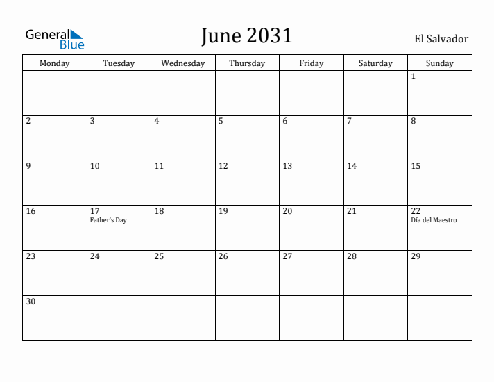 June 2031 Calendar El Salvador