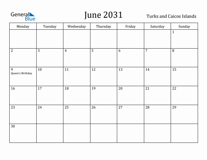 June 2031 Calendar Turks and Caicos Islands