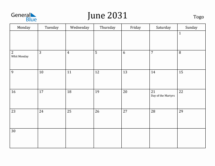 June 2031 Calendar Togo