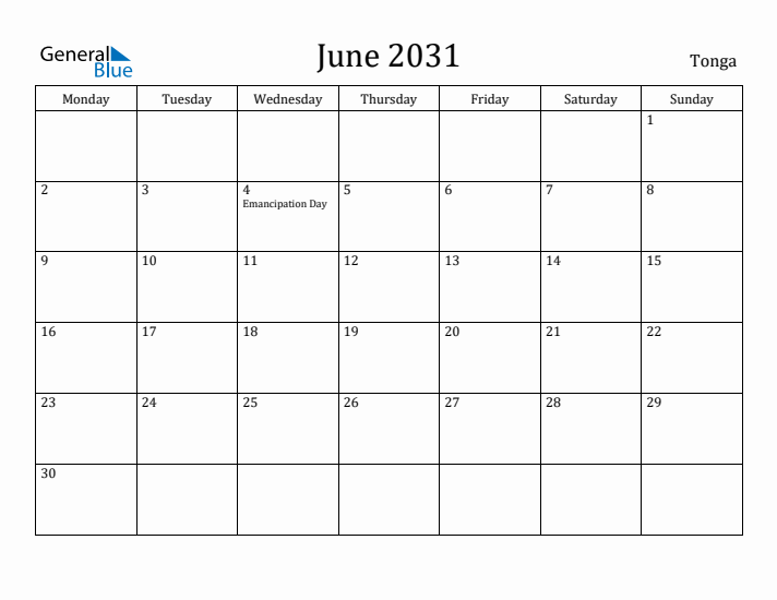 June 2031 Calendar Tonga