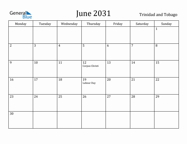 June 2031 Calendar Trinidad and Tobago