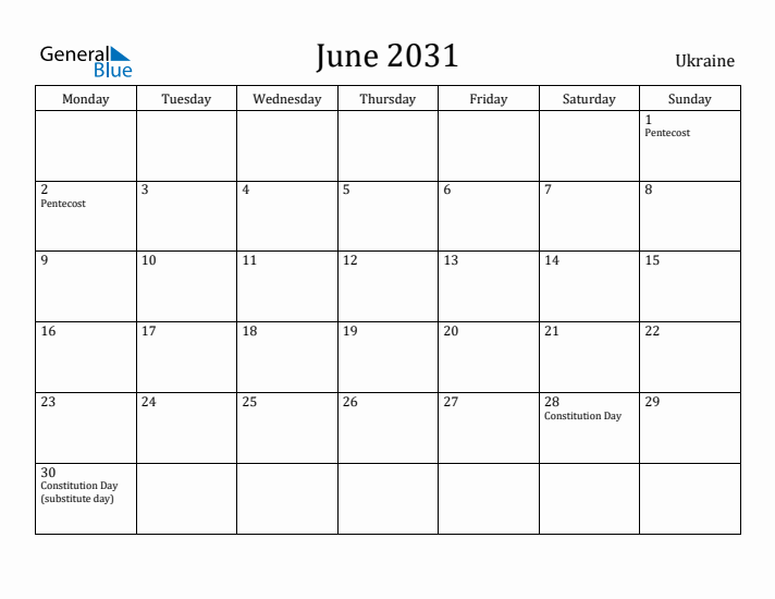 June 2031 Calendar Ukraine