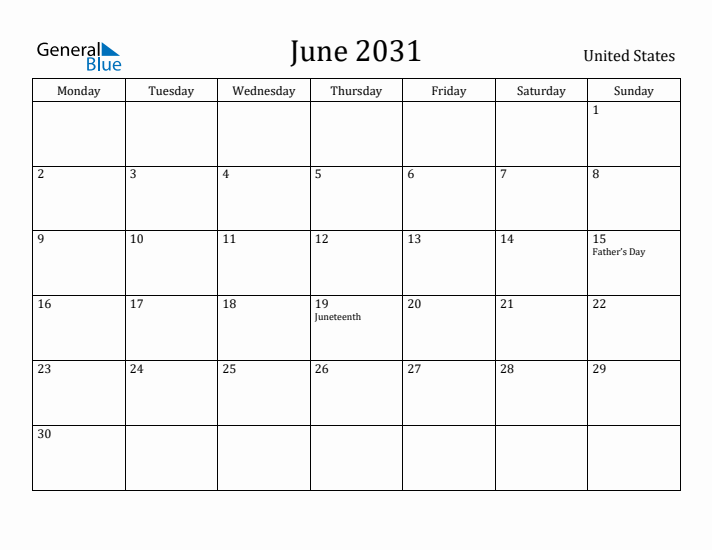 June 2031 Calendar United States