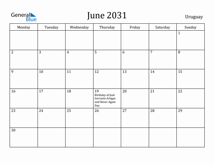 June 2031 Calendar Uruguay