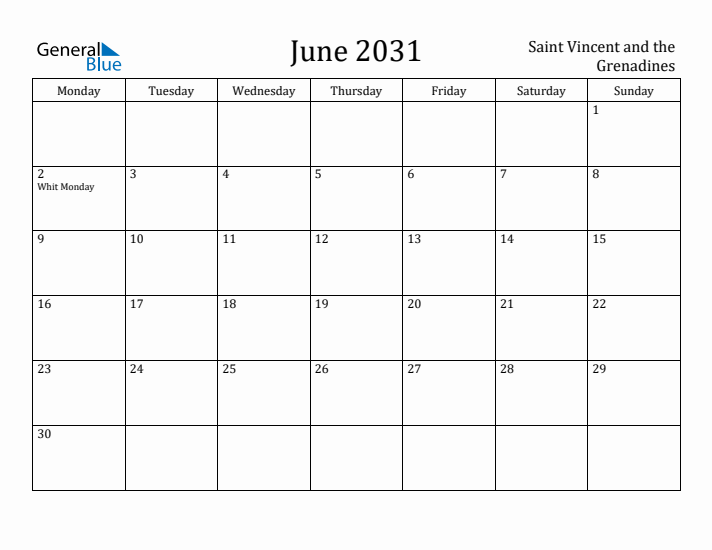 June 2031 Calendar Saint Vincent and the Grenadines