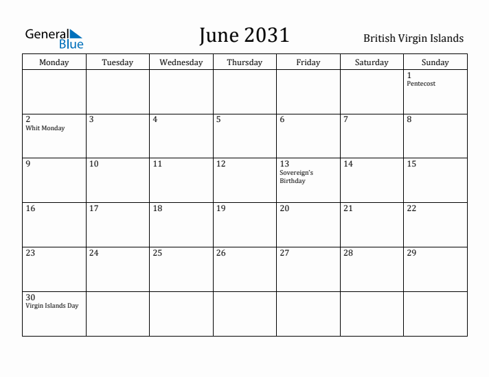 June 2031 Calendar British Virgin Islands