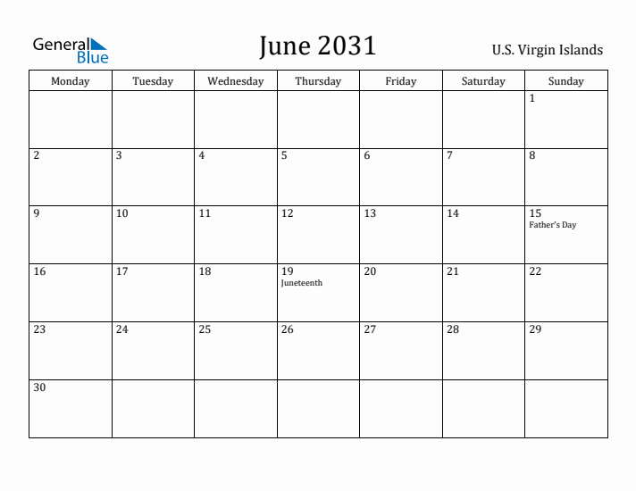 June 2031 Calendar U.S. Virgin Islands