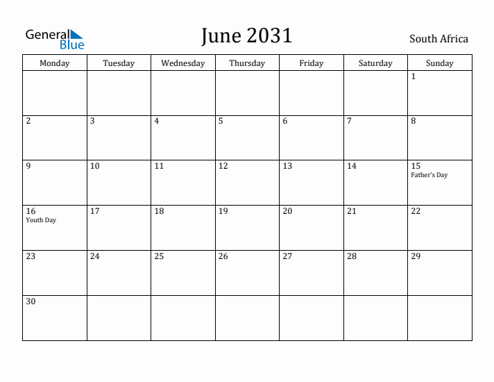 June 2031 Calendar South Africa
