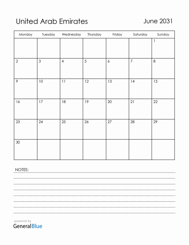 June 2031 United Arab Emirates Calendar with Holidays (Monday Start)