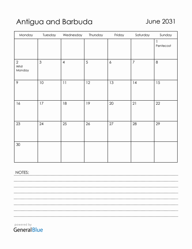 June 2031 Antigua and Barbuda Calendar with Holidays (Monday Start)